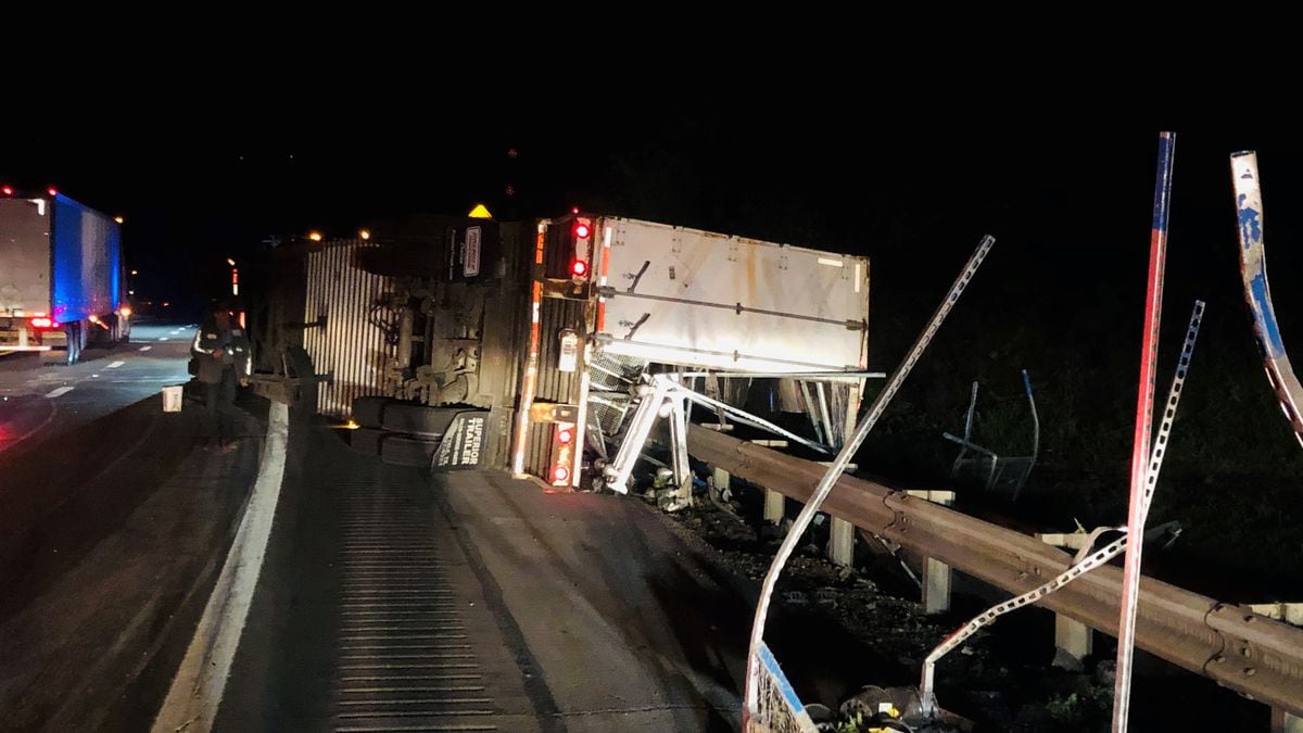 A semi overturned at the Cabin Creek Rd. exit of I-77 North