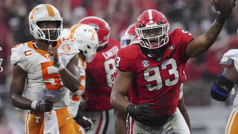 Georgia defensive lineman Tyrion Ingram-Dawkins (93) reacts after recovering a fumble during...