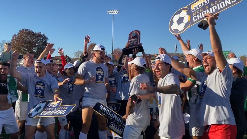 Marshall Men's Soccer Team celebrates after winning the Sun Belt Conference Championship.